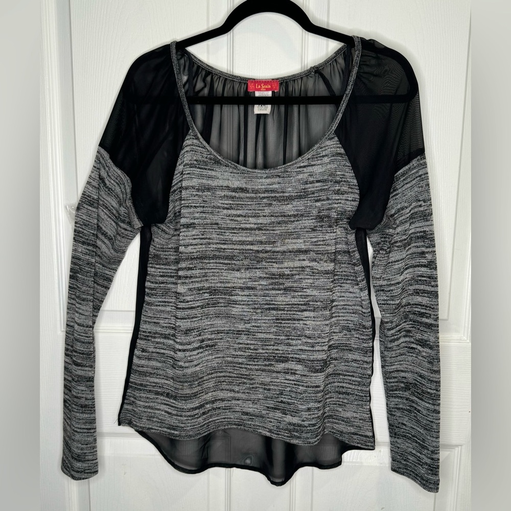 La Scala Black & Gray Tunic/Blouse. Size L. Sheer shoulders & back. Hi-low hem.